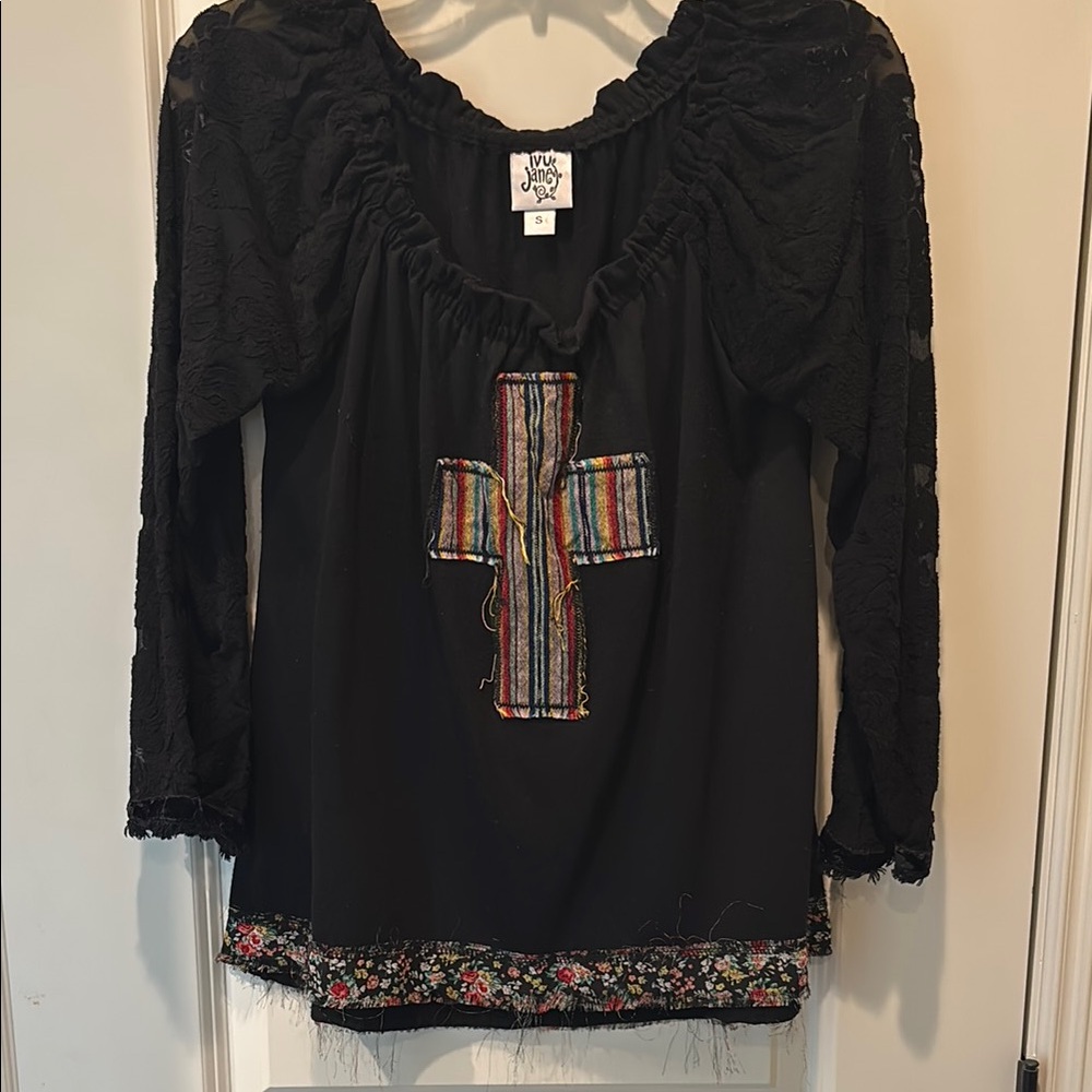 Ivy Jane Black Top with Multicolor Embroidery